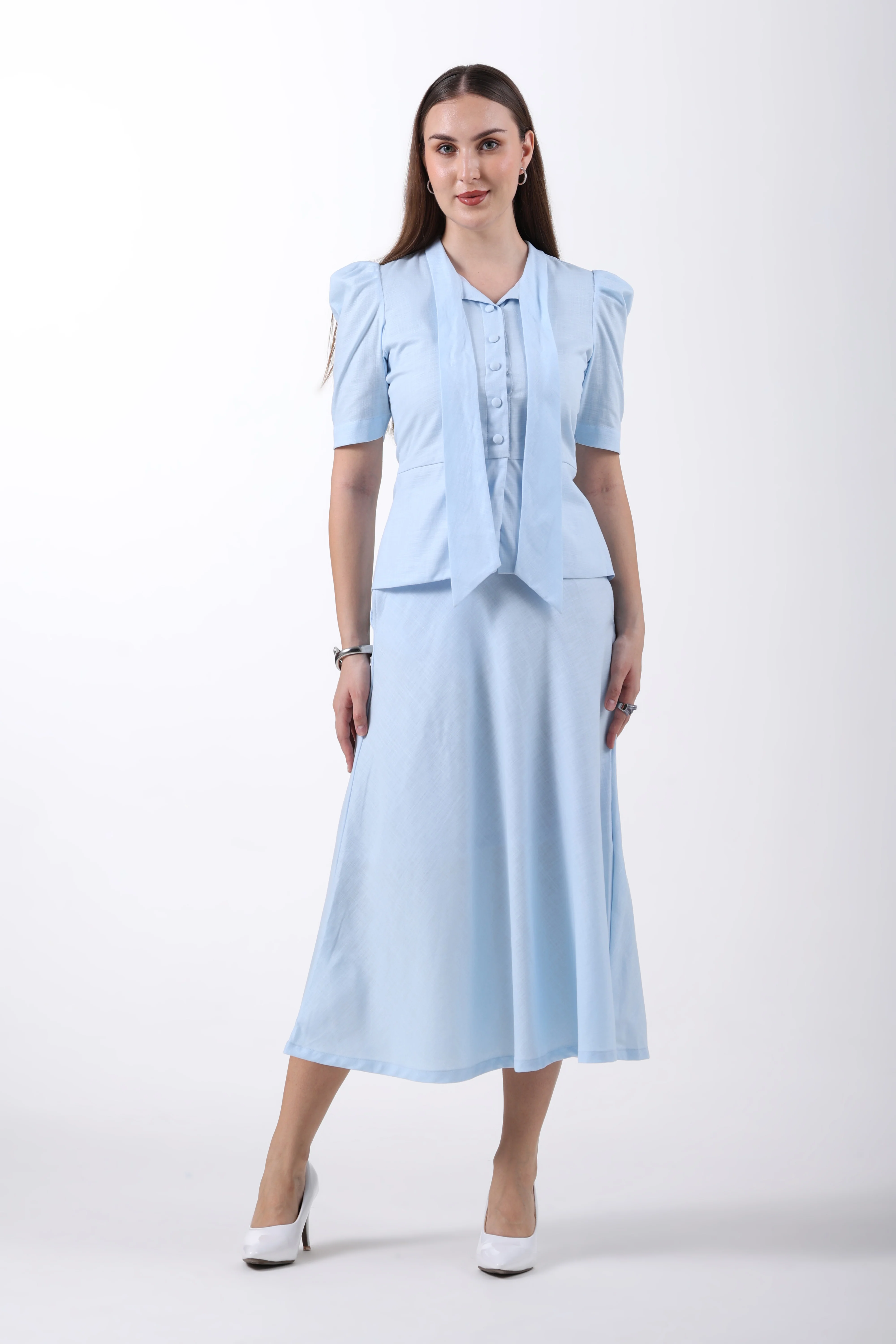 Tie Collar Top and A-Line Skirt Co-ord Set – Sky Blue Linen - Image 3
