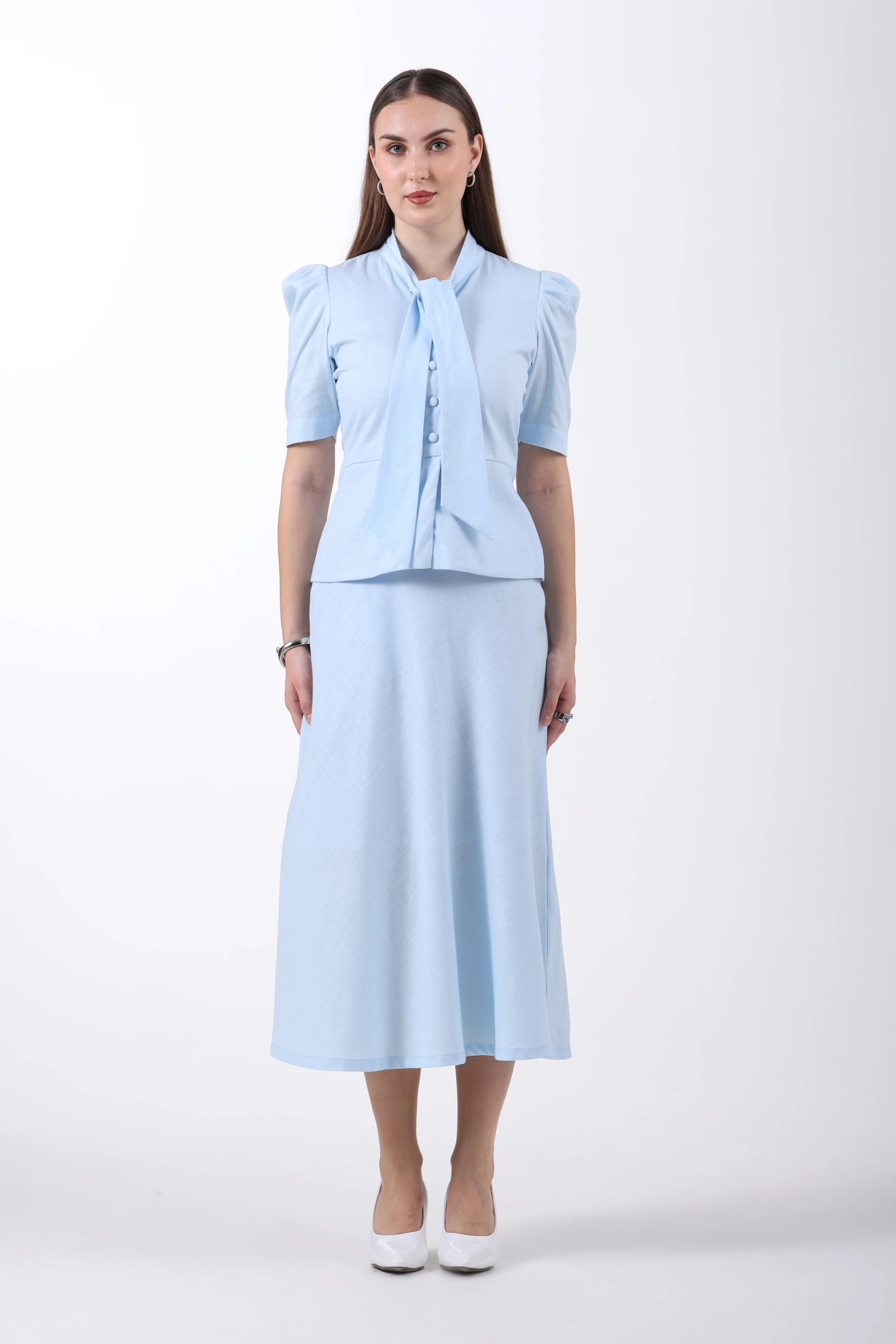 Tie Collar Top and A-Line Skirt Co-ord Set – Sky Blue Linen - Image 4