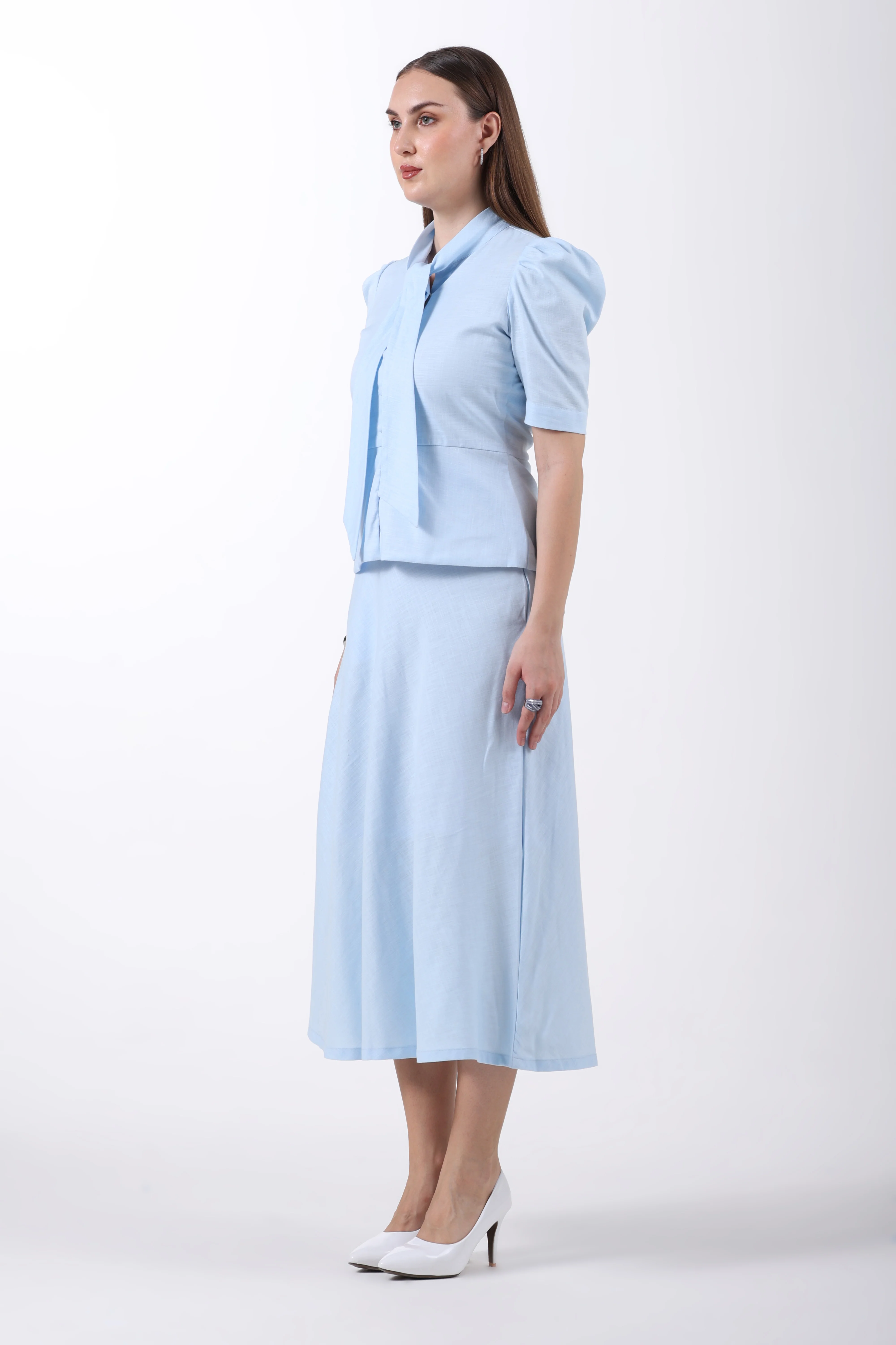 Tie Collar Top and A-Line Skirt Co-ord Set – Sky Blue Linen - Image 5