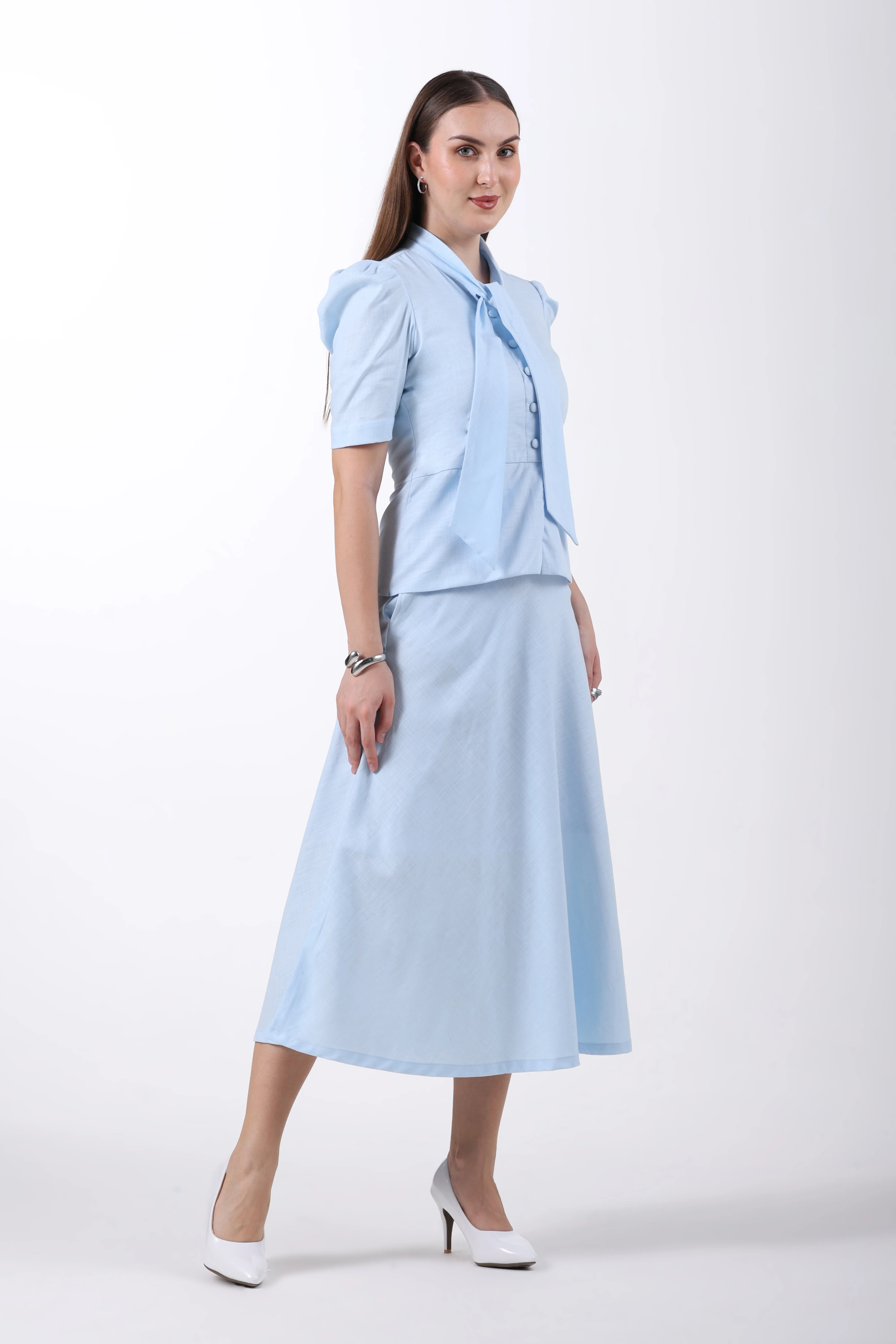 Tie Collar Top and A-Line Skirt Co-ord Set – Sky Blue Linen - Image 6