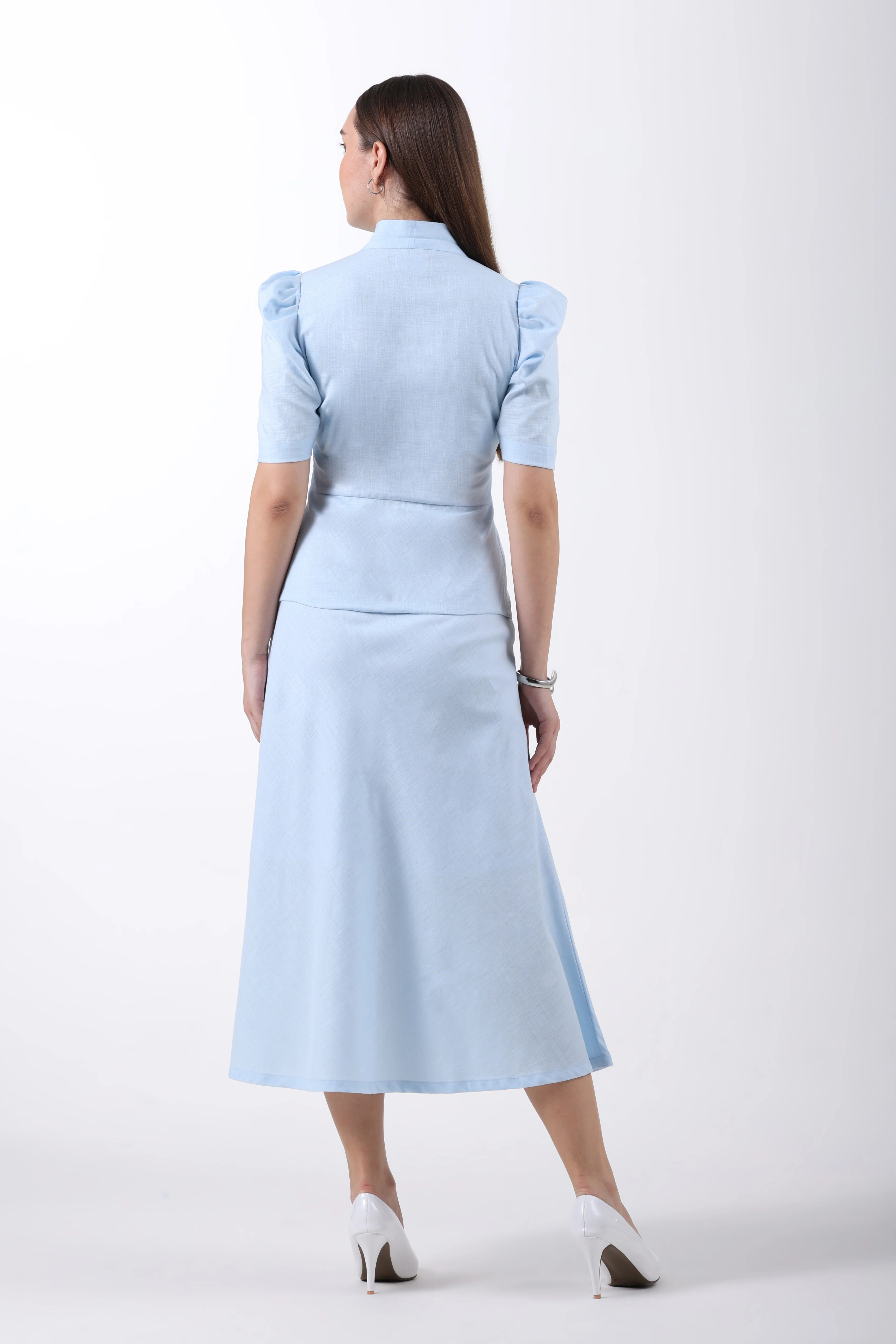 Tie Collar Top and A-Line Skirt Co-ord Set – Sky Blue Linen - Image 7