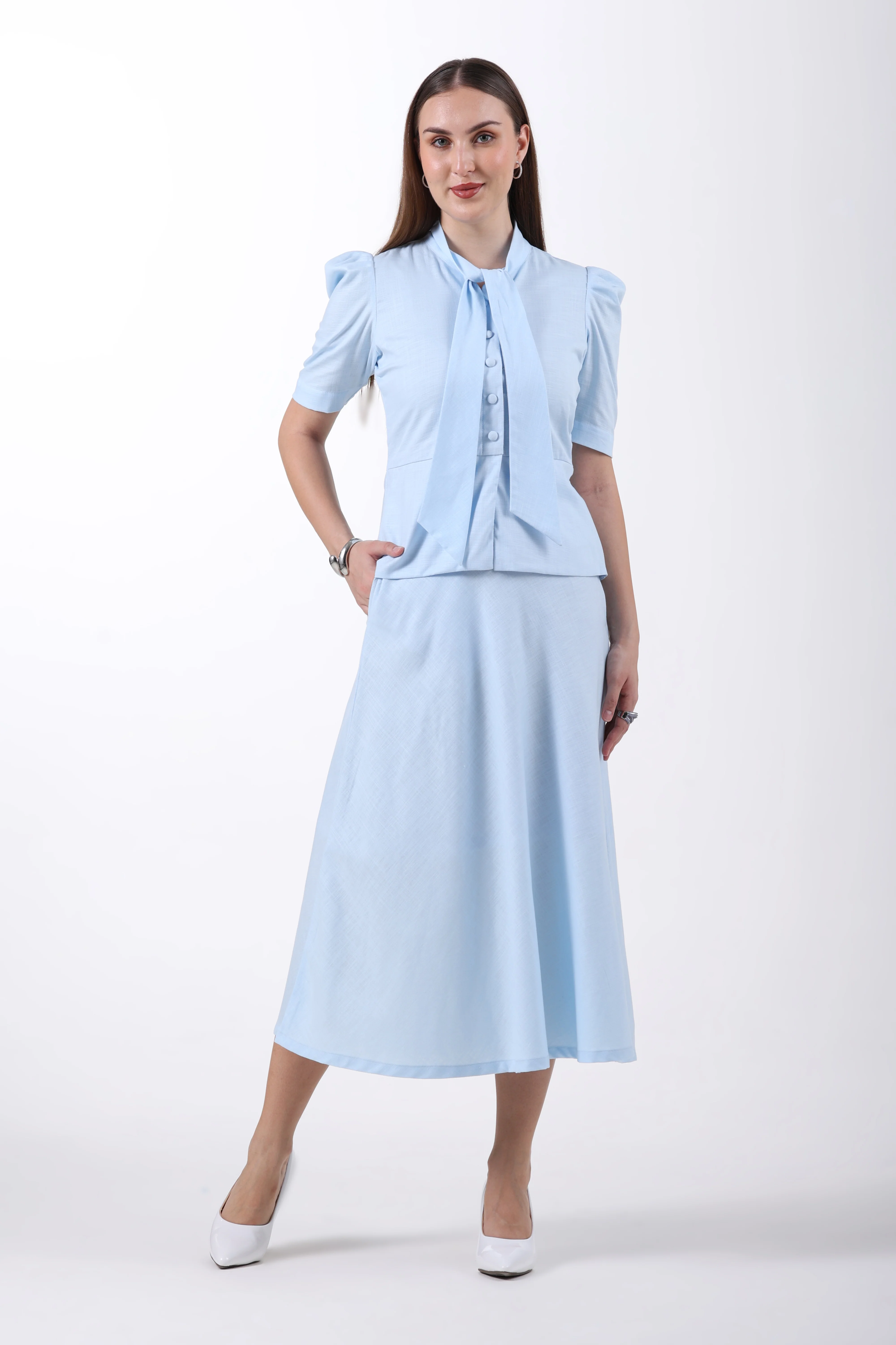 Tie Collar Top and A-Line Skirt Co-ord Set – Sky Blue Linen - Image 8