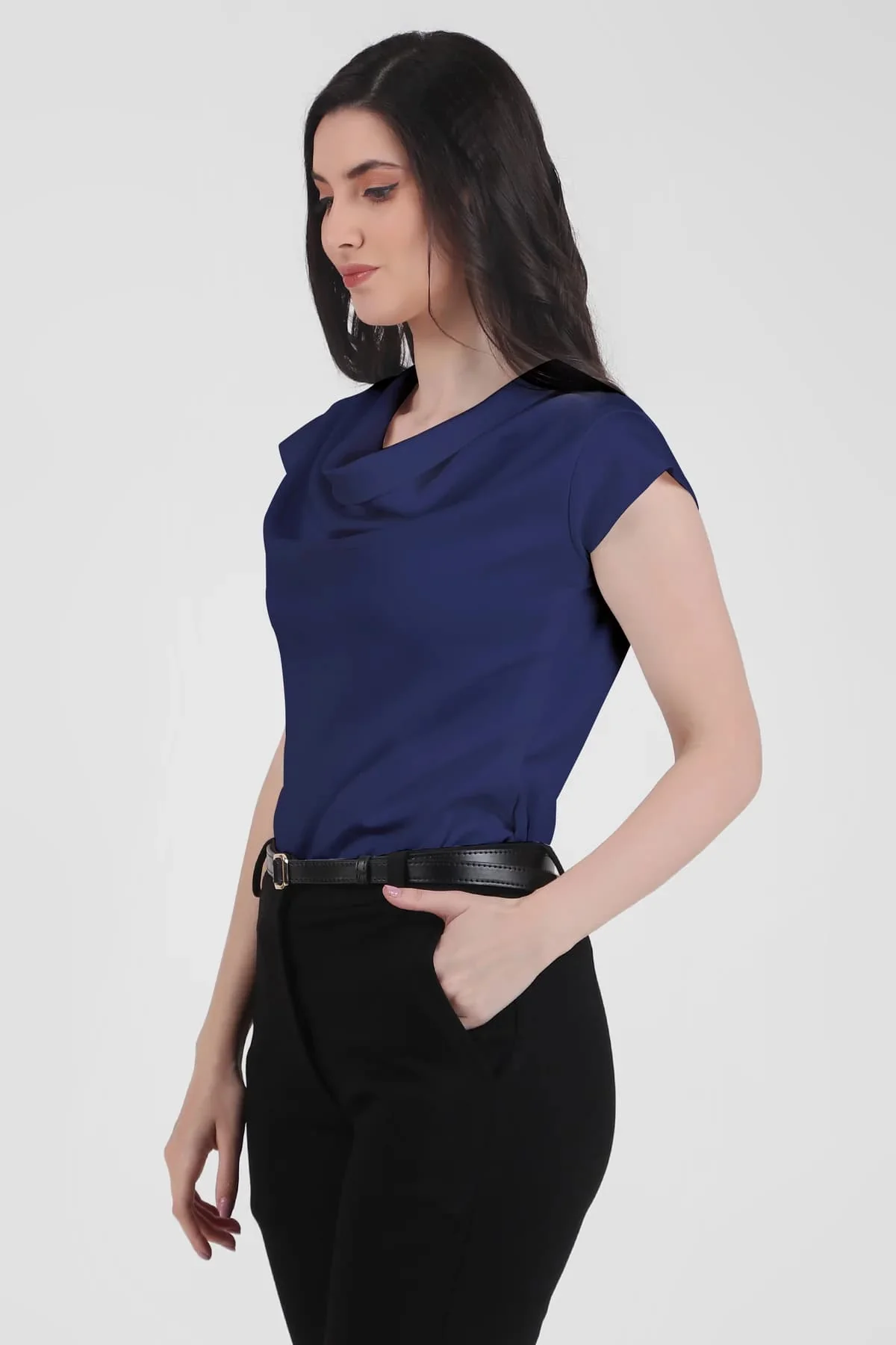 Timeless Draped Neck Top – Midnight Blue - Image 3