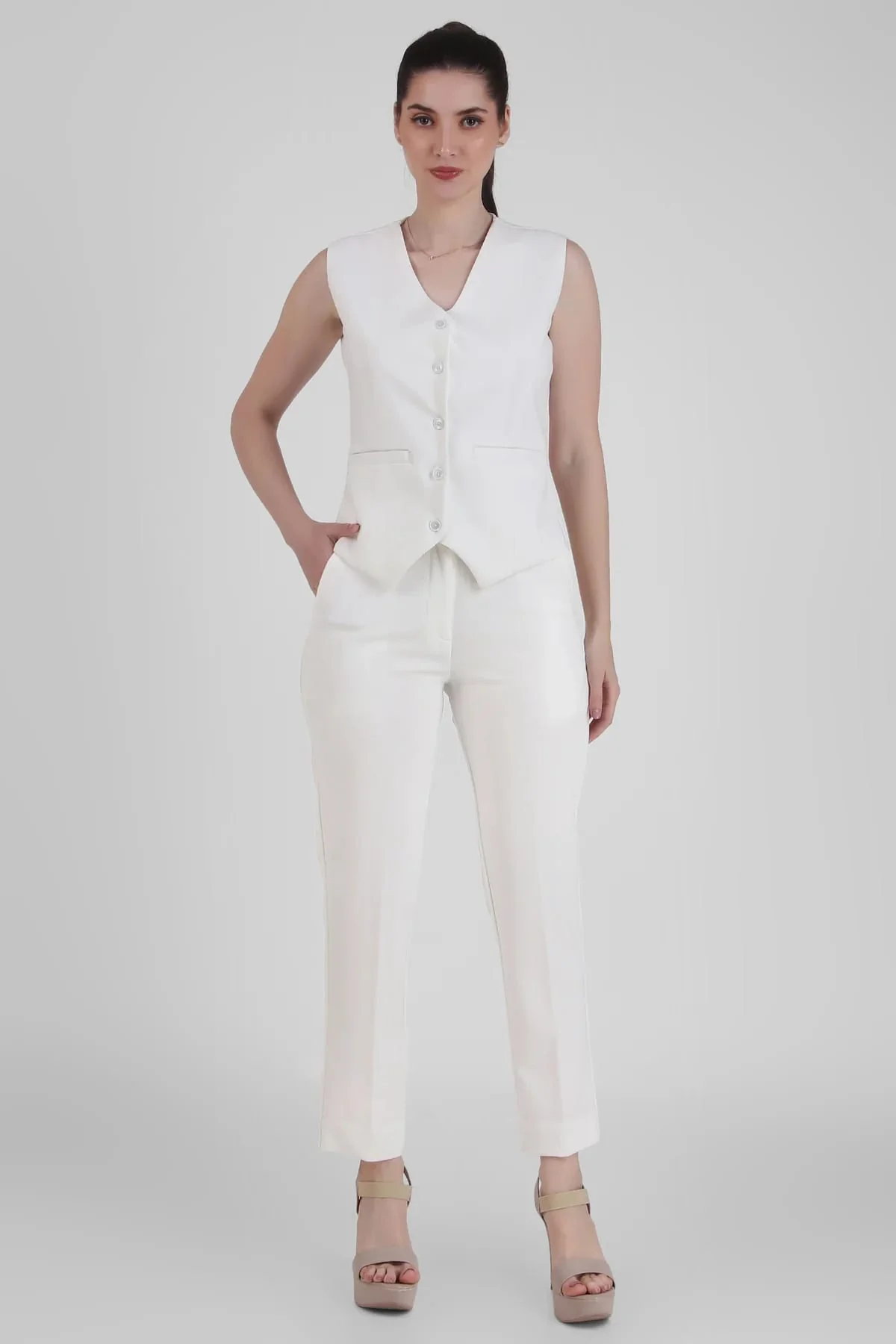 V-Neck Tailored Waistcoat – Ivory - Image 2