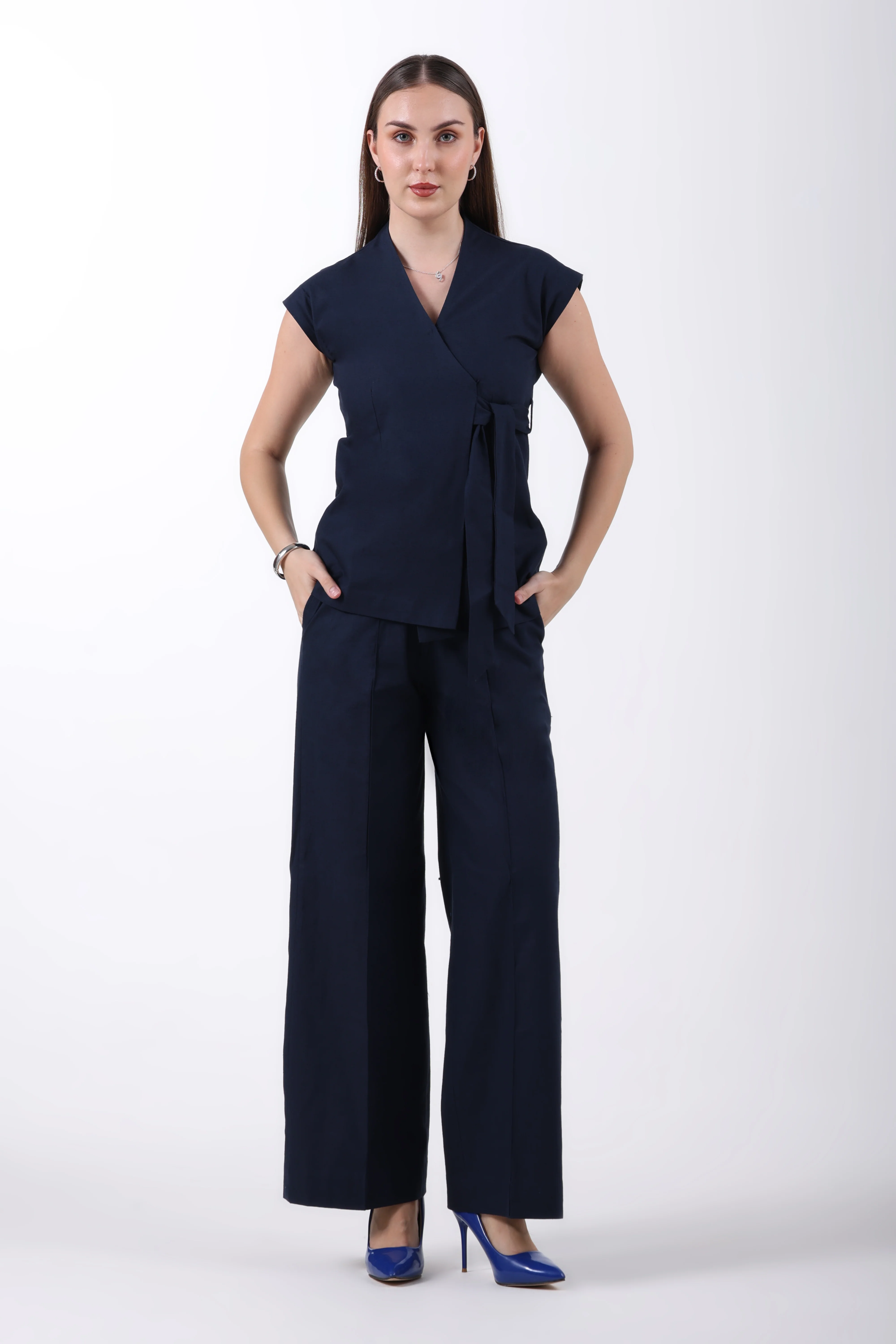 Wrap Style Waistcoat and Pintuck Trousers Co-ord Set – Navy Blue Linen - Image 3