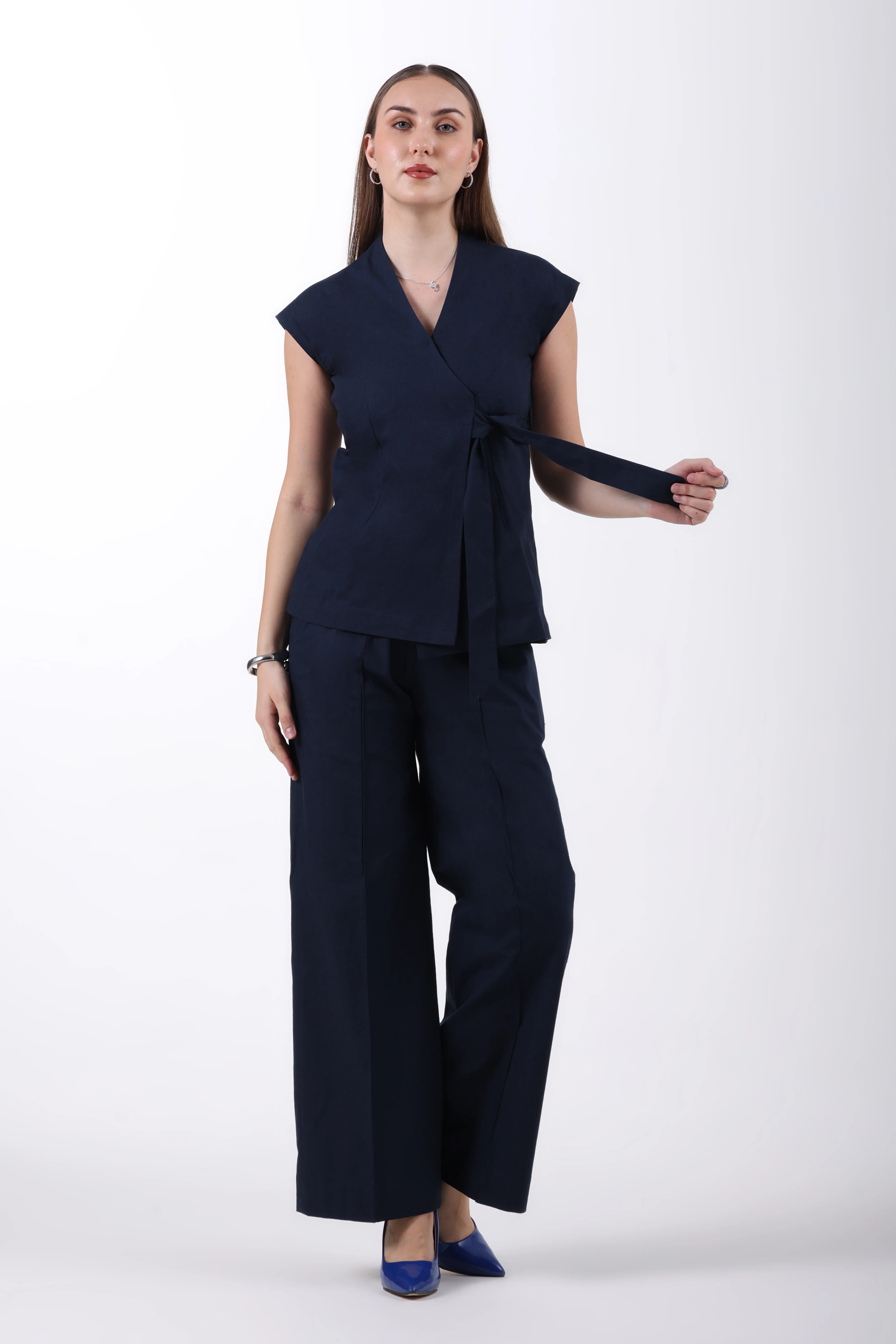 Wrap Style Waistcoat and Pintuck Trousers Co-ord Set – Navy Blue Linen - Image 4
