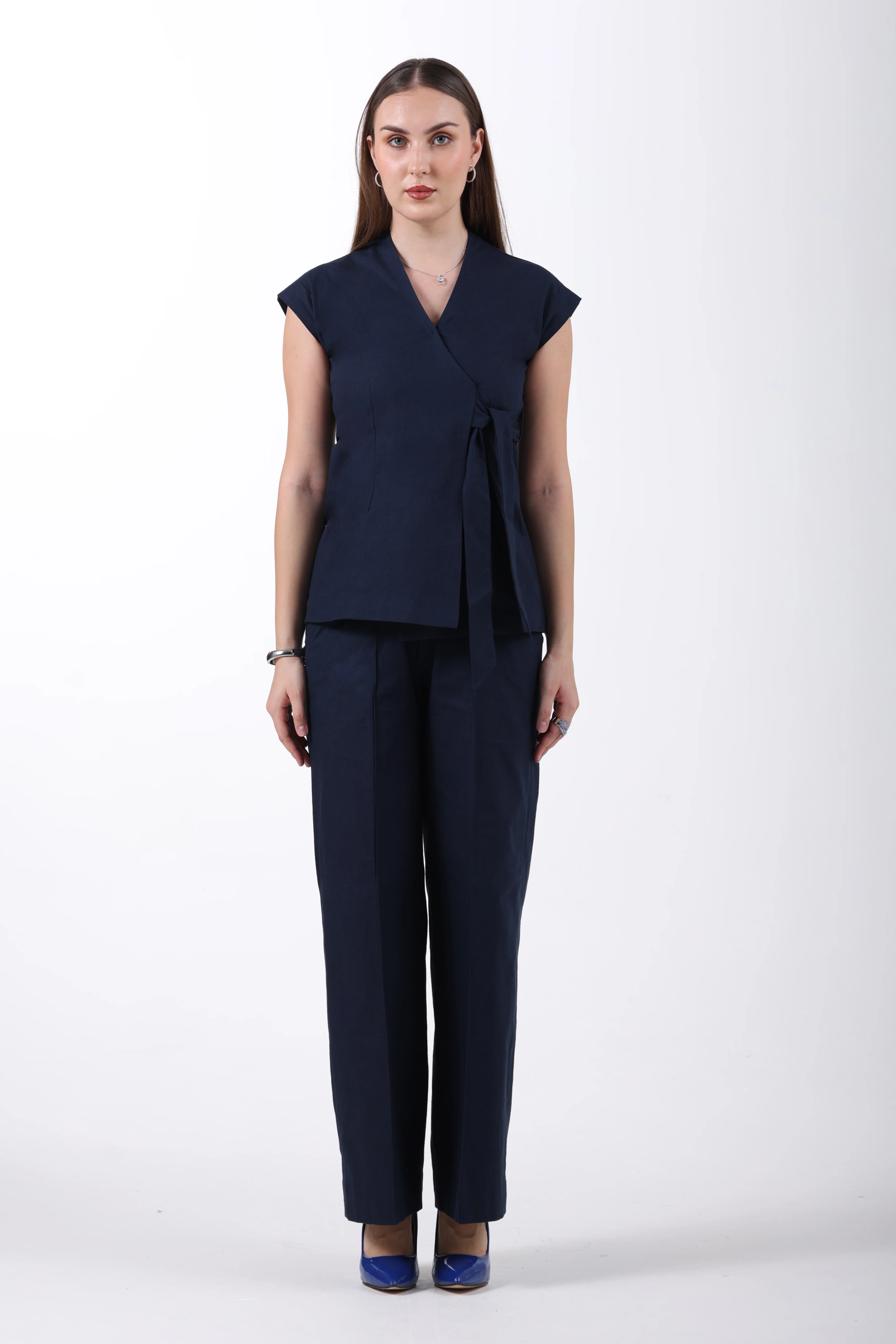 Wrap Style Waistcoat and Pintuck Trousers Co-ord Set – Navy Blue Linen - Image 5