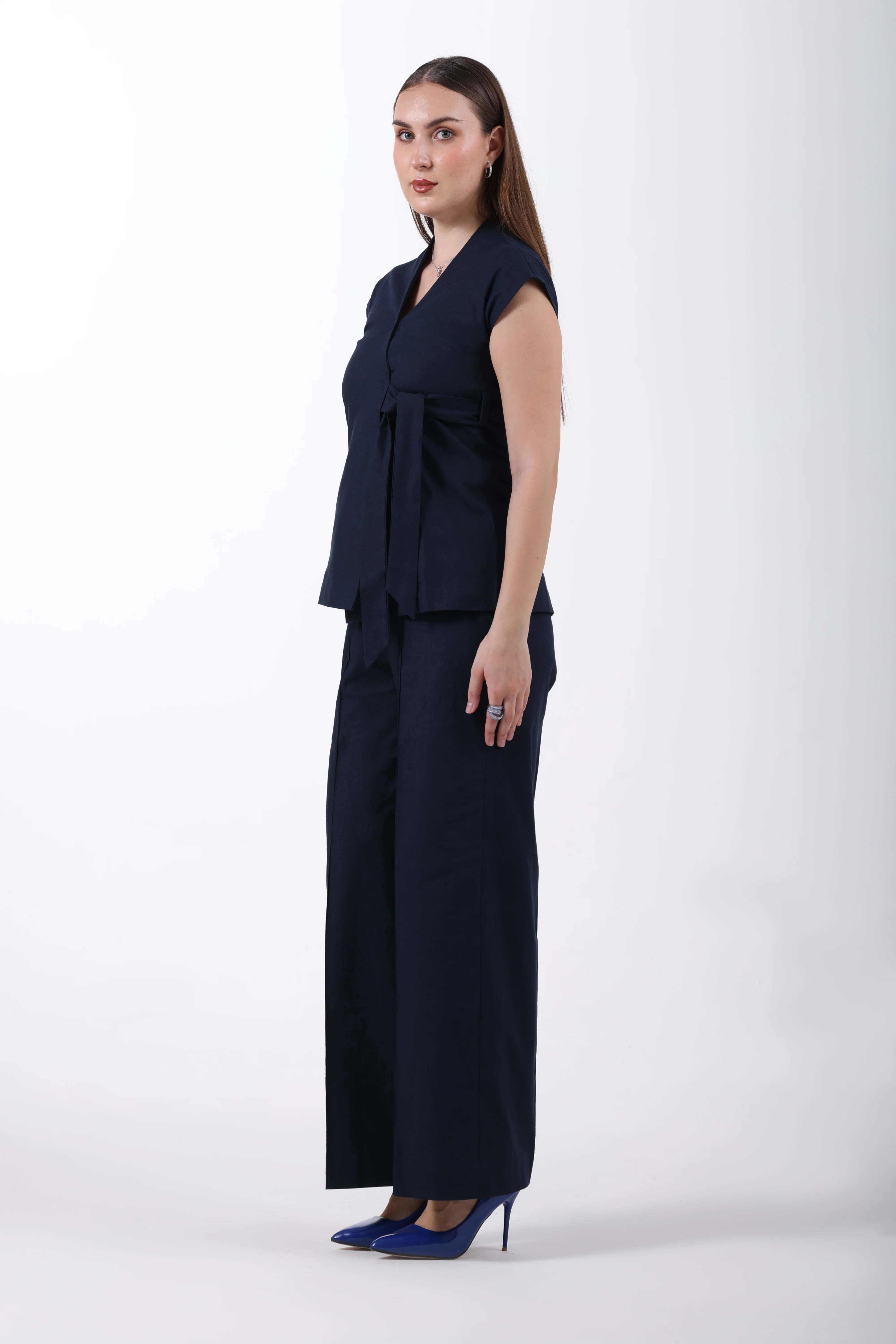 Wrap Style Waistcoat and Pintuck Trousers Co-ord Set – Navy Blue Linen - Image 6