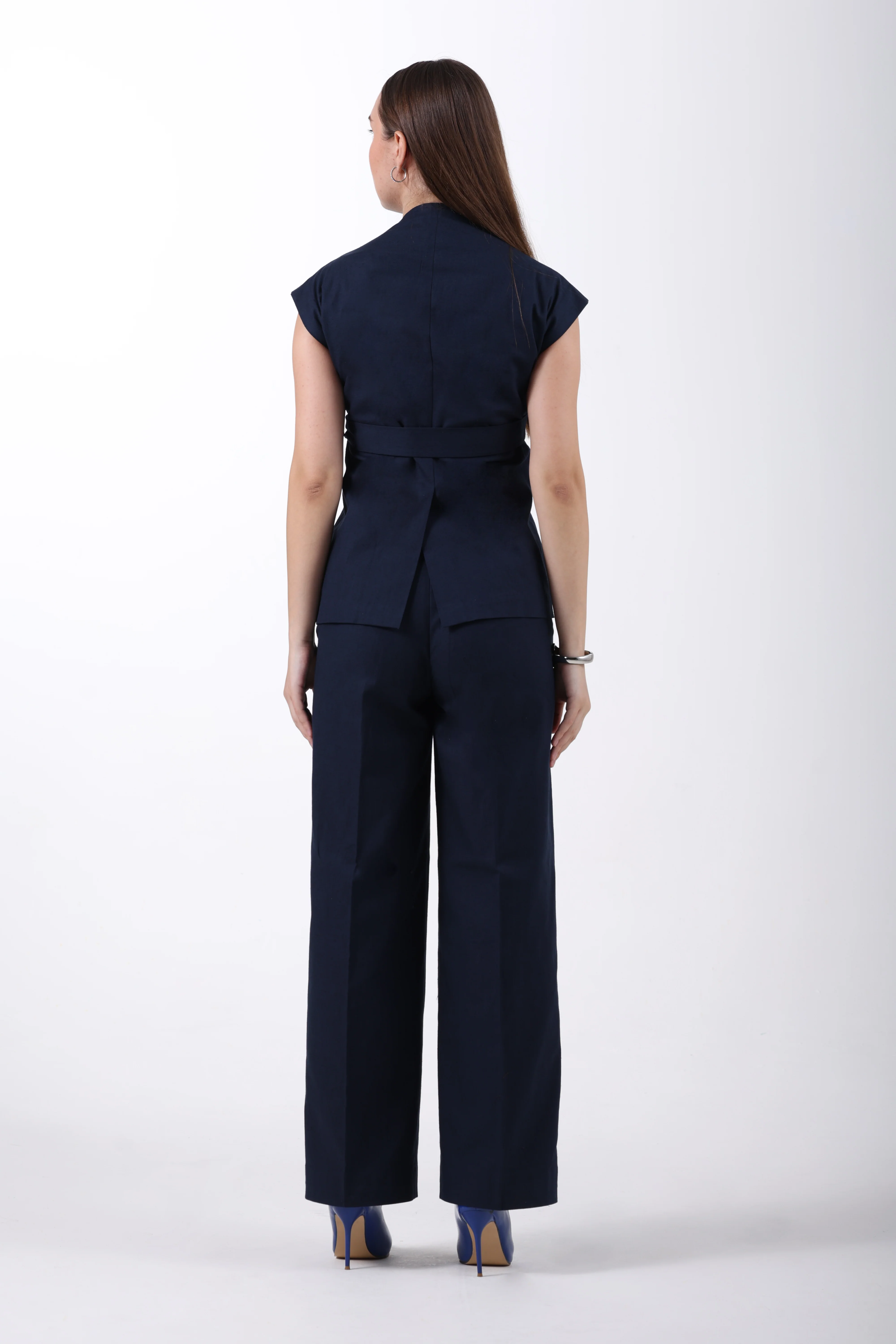 Wrap Style Waistcoat and Pintuck Trousers Co-ord Set – Navy Blue Linen - Image 7