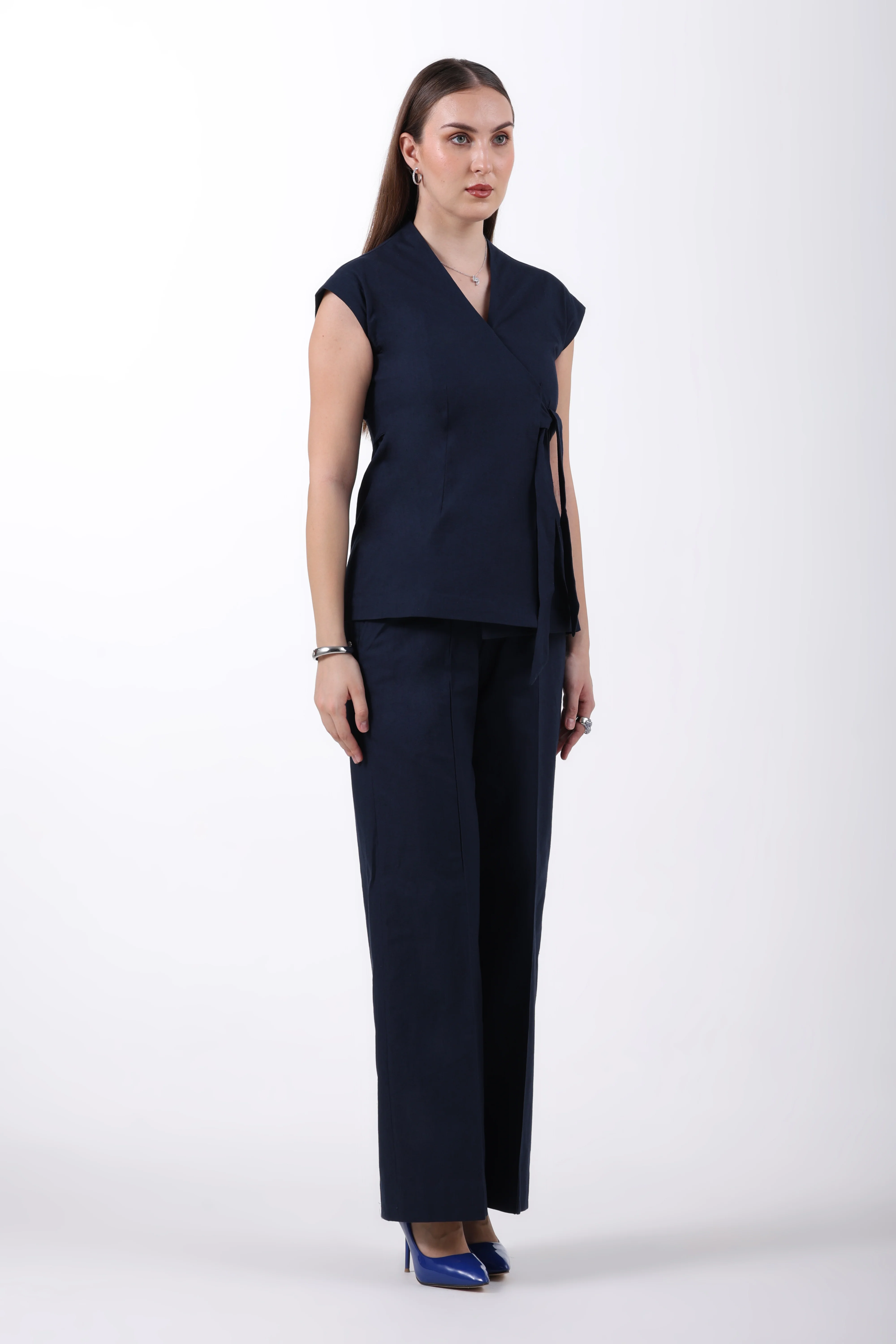 Wrap Style Waistcoat and Pintuck Trousers Co-ord Set – Navy Blue Linen - Image 8