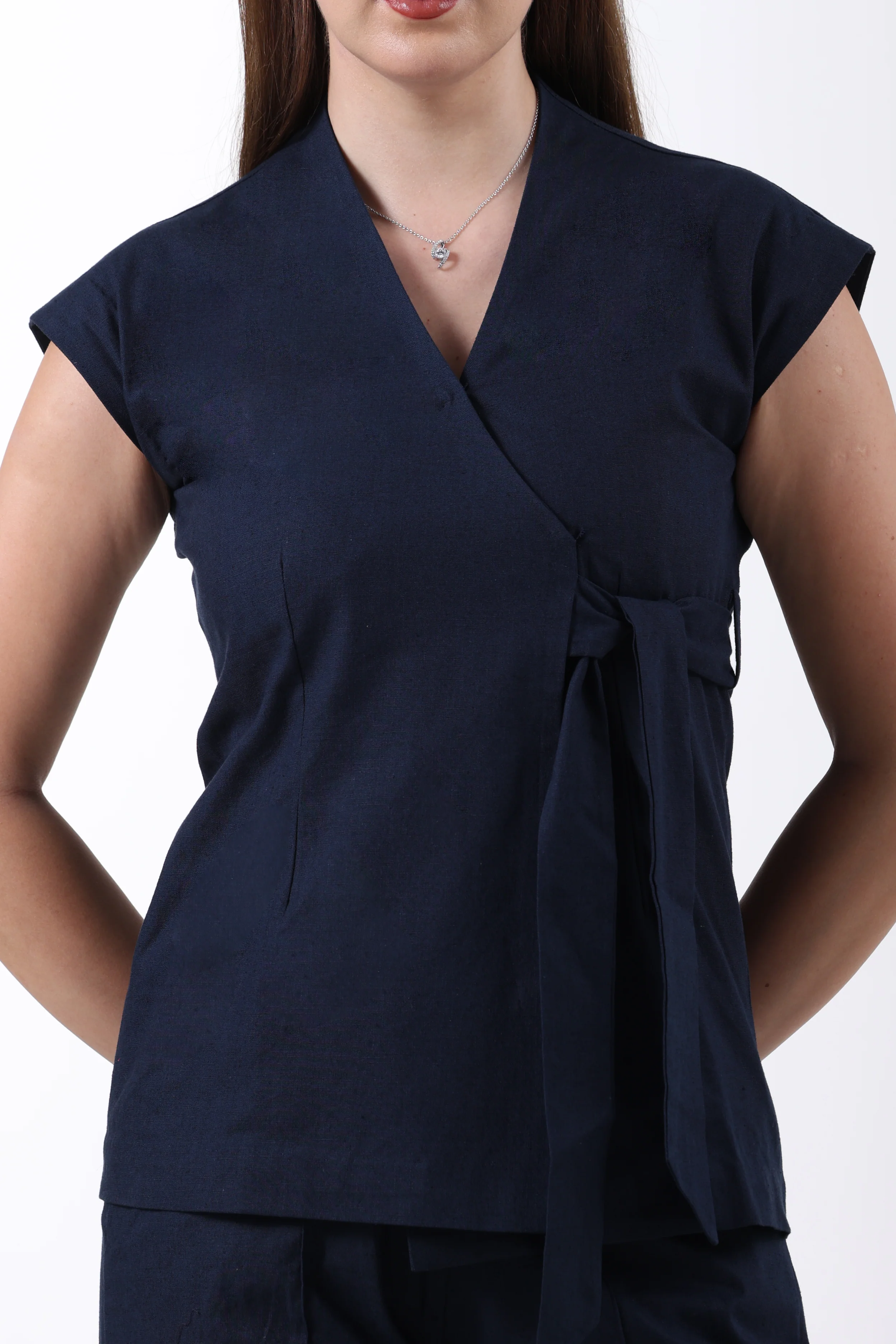 Wrap Style Waistcoat and Pintuck Trousers Co-ord Set – Navy Blue Linen - Image 9