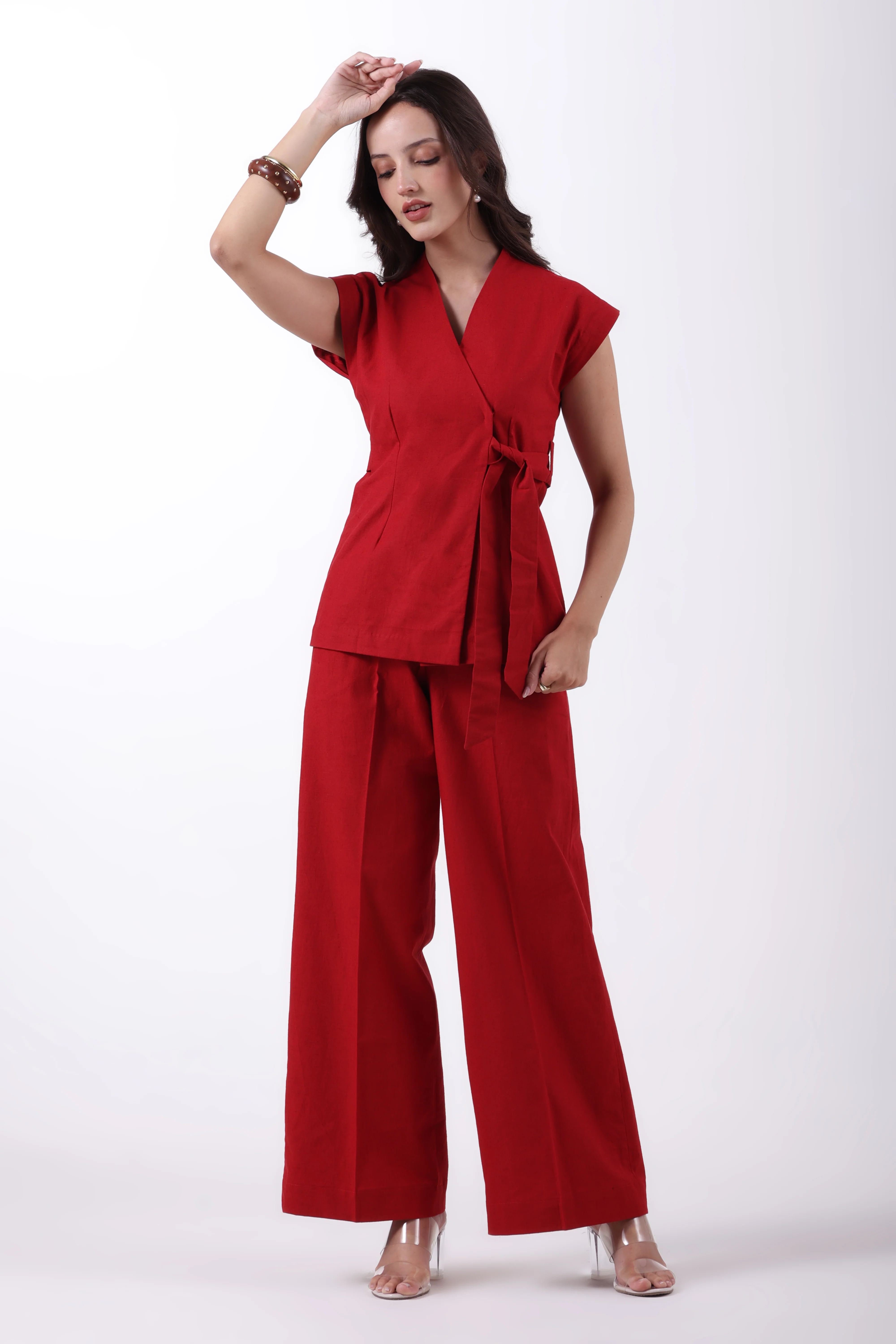 Wrap Style Waistcoat and Pintuck Trousers Co-ord Set – Red Linen - Image 3