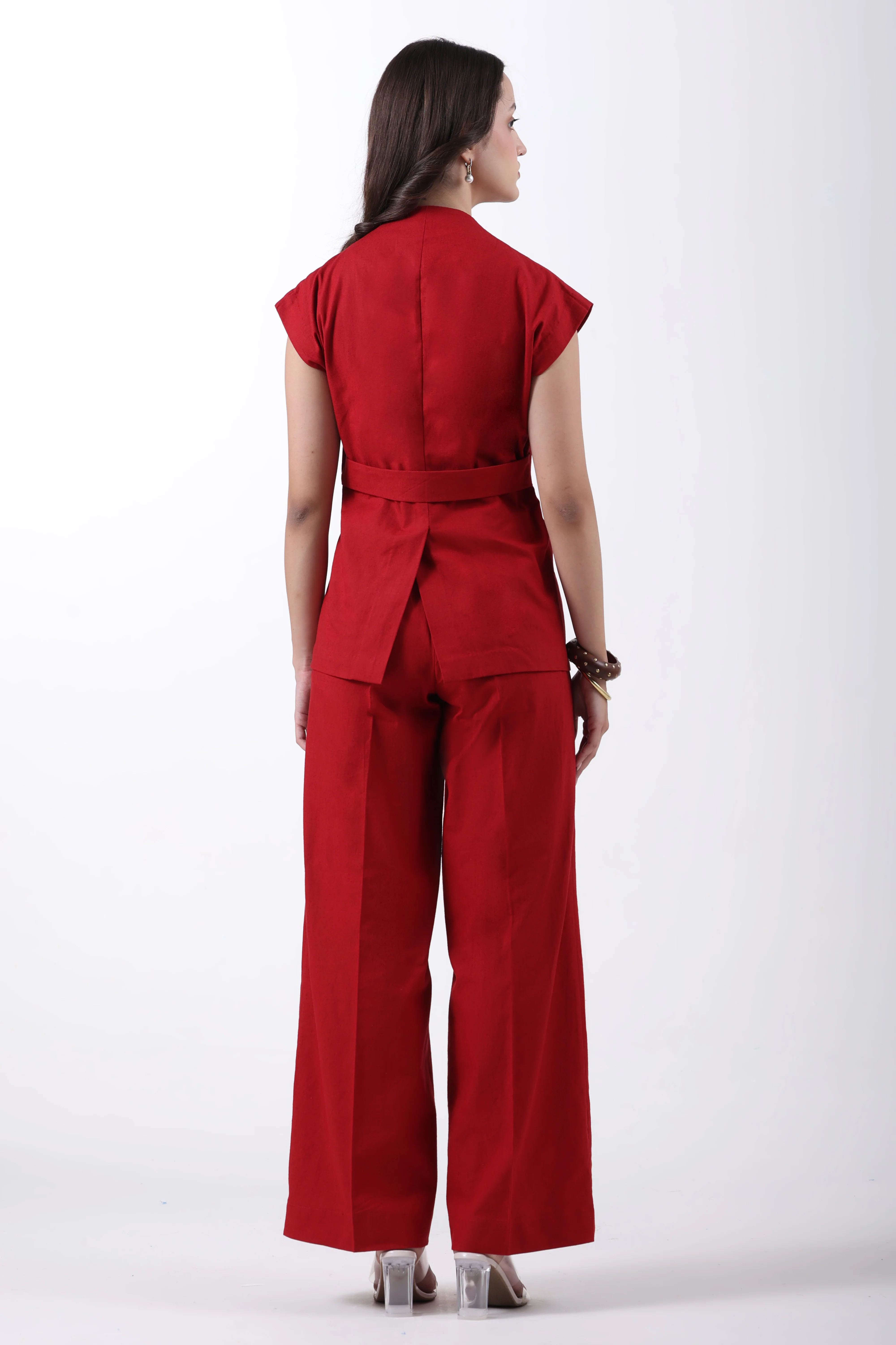 Wrap Style Waistcoat and Pintuck Trousers Co-ord Set – Red Linen - Image 4