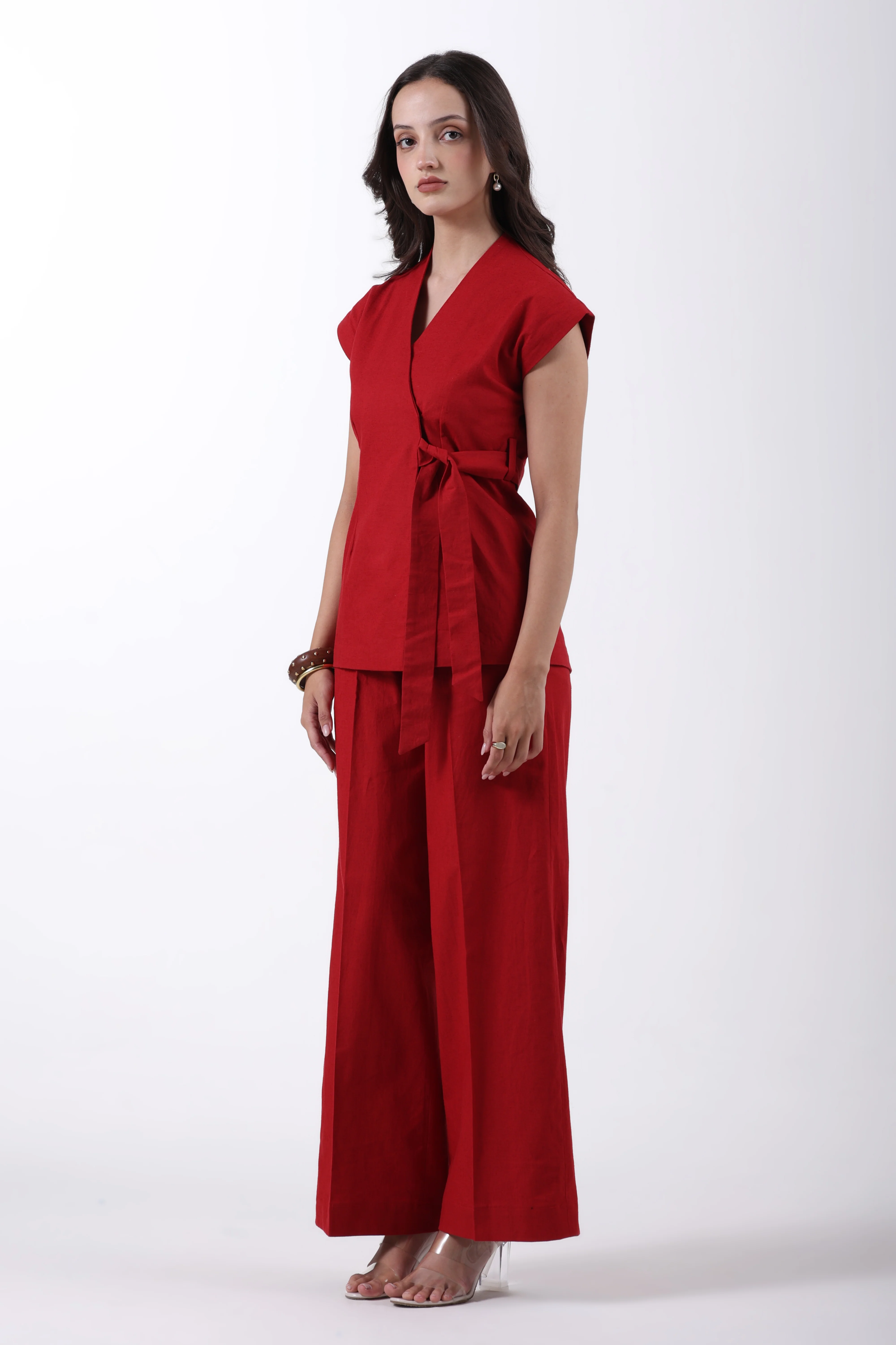 Wrap Style Waistcoat and Pintuck Trousers Co-ord Set – Red Linen - Image 5