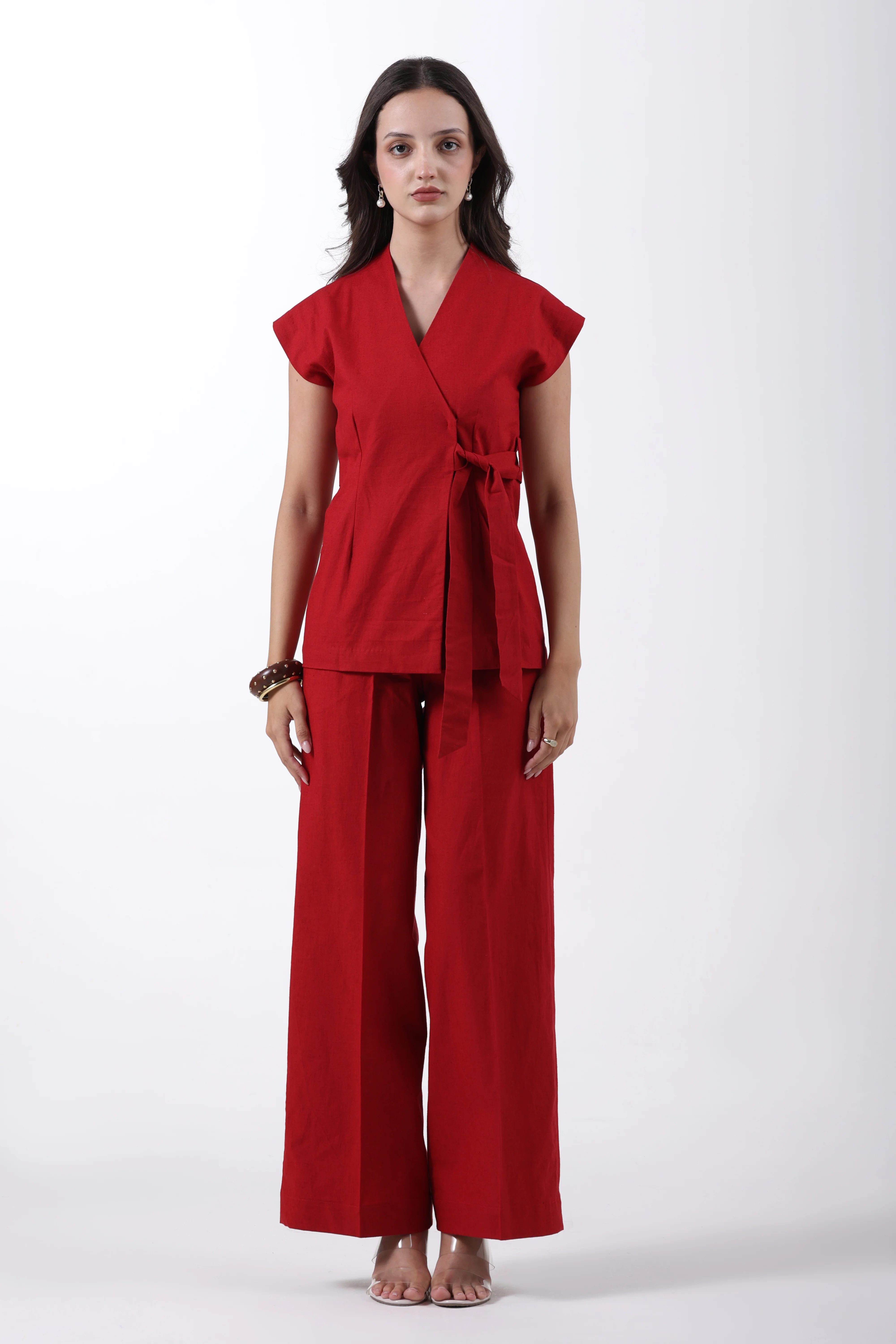 Wrap Style Waistcoat and Pintuck Trousers Co-ord Set – Red Linen - Image 6